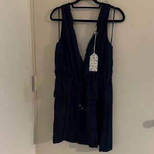 NWT Mini Navy Deep V Neck Sleeveless Dress. Minimalist, Quiet Luxury, Wedding,